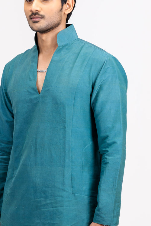 Mula Aranya Men’s Premium Short Kurta - Dark Blue Green