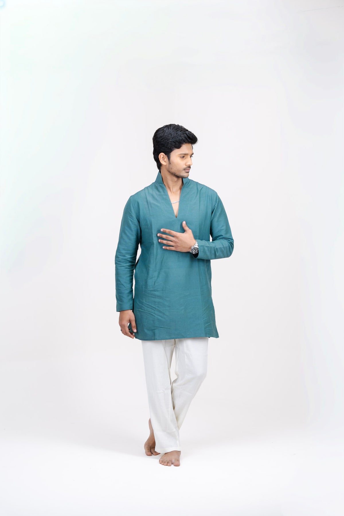 Mula Aranya Men’s Premium Short Kurta - Dark Blue Green
