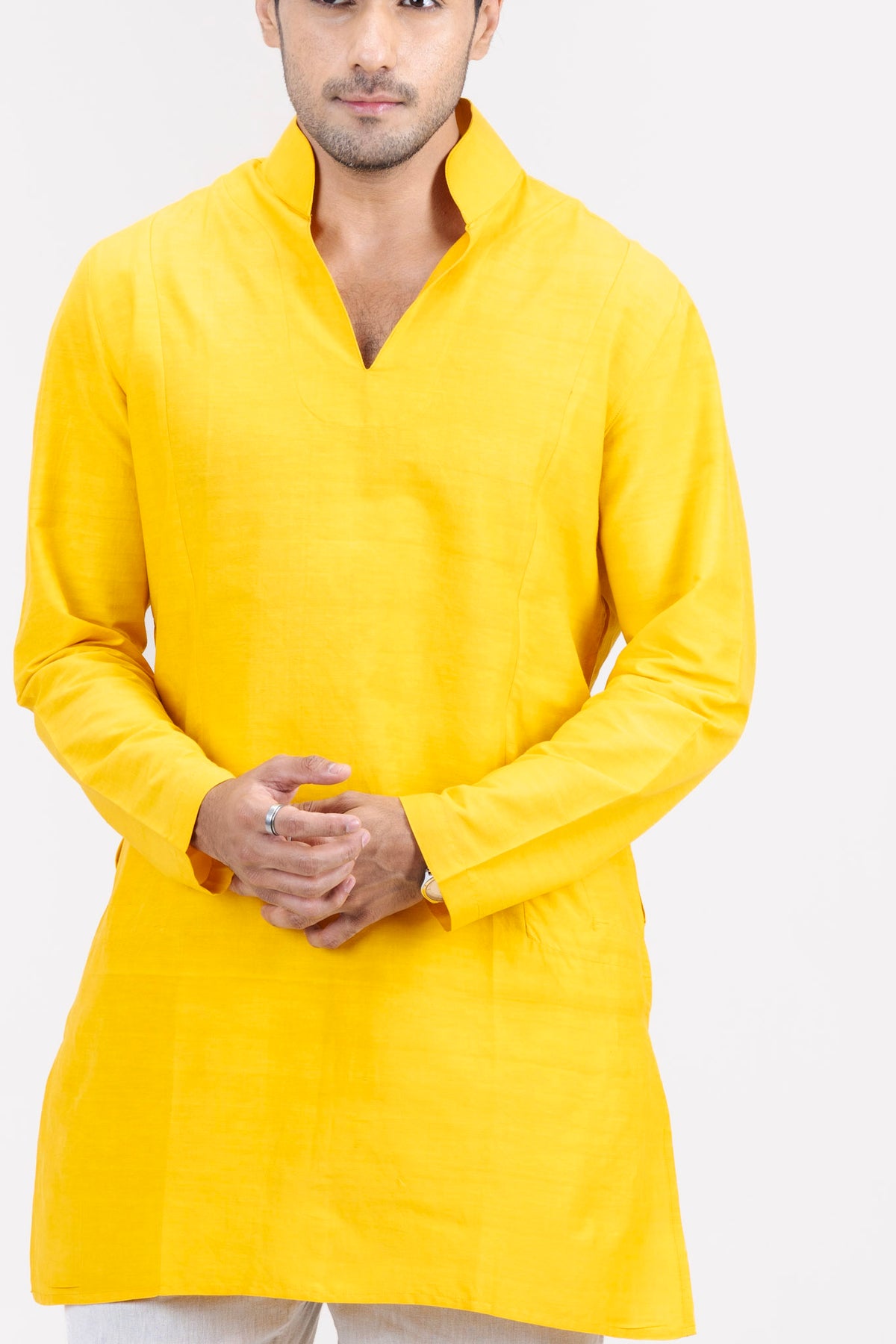 Close-up of the Mula Tejas yellow kurta front and collar