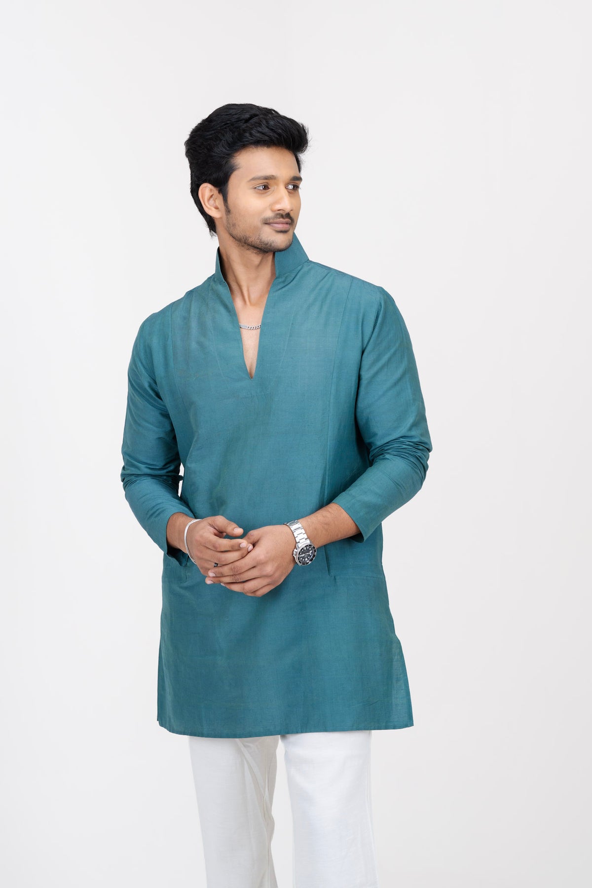 Mula Aranya Men’s Premium Short Kurta - Dark Blue Green