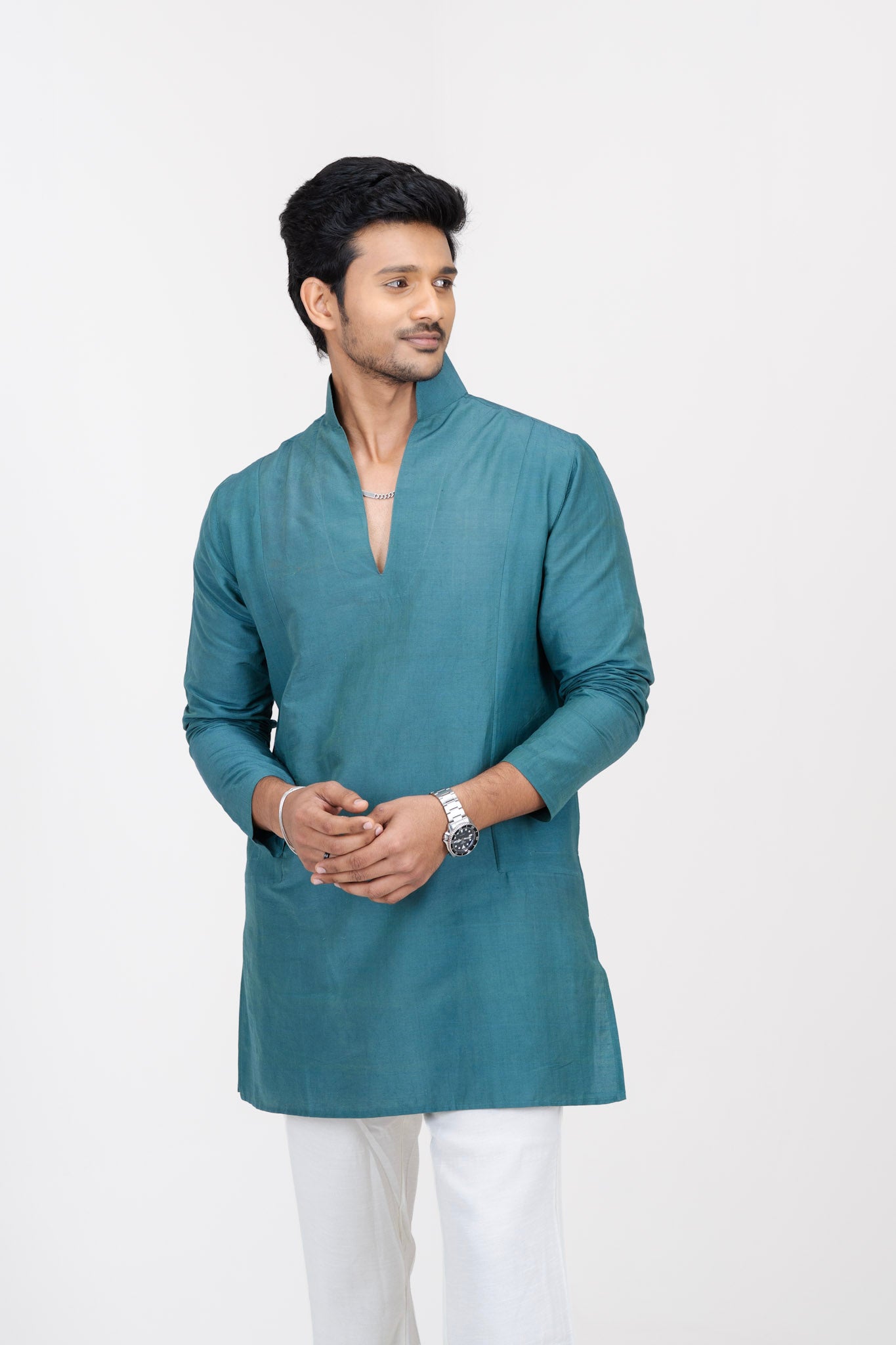 Mula Aranya Men’s Premium Short Kurta - Dark Blue Green