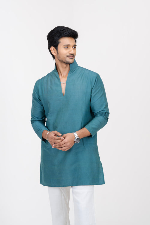 Mula Aranya Men’s Premium Short Kurta - Dark Blue Green