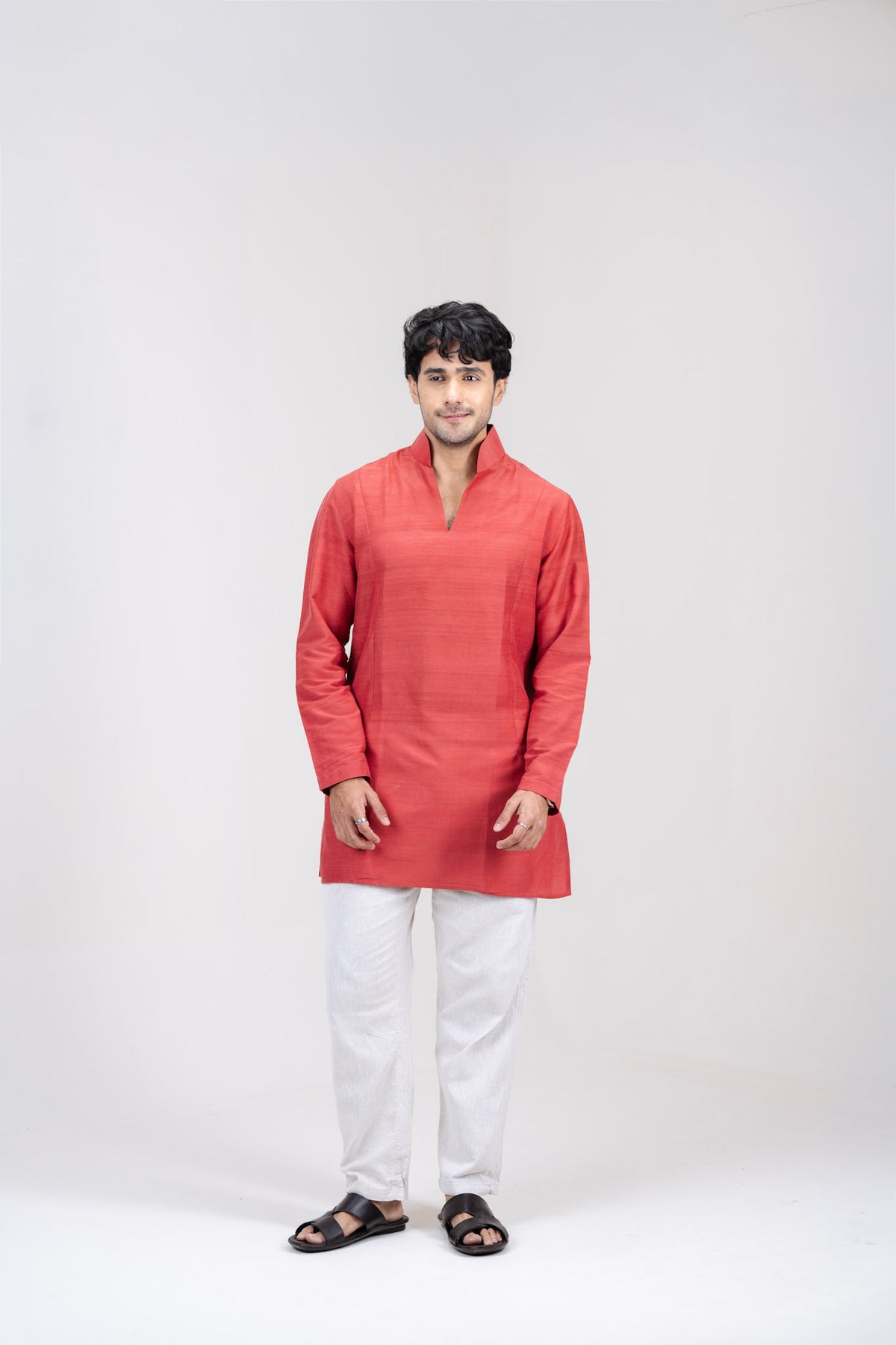 Mula Maati raspberry kurta, front view, arms at the sides