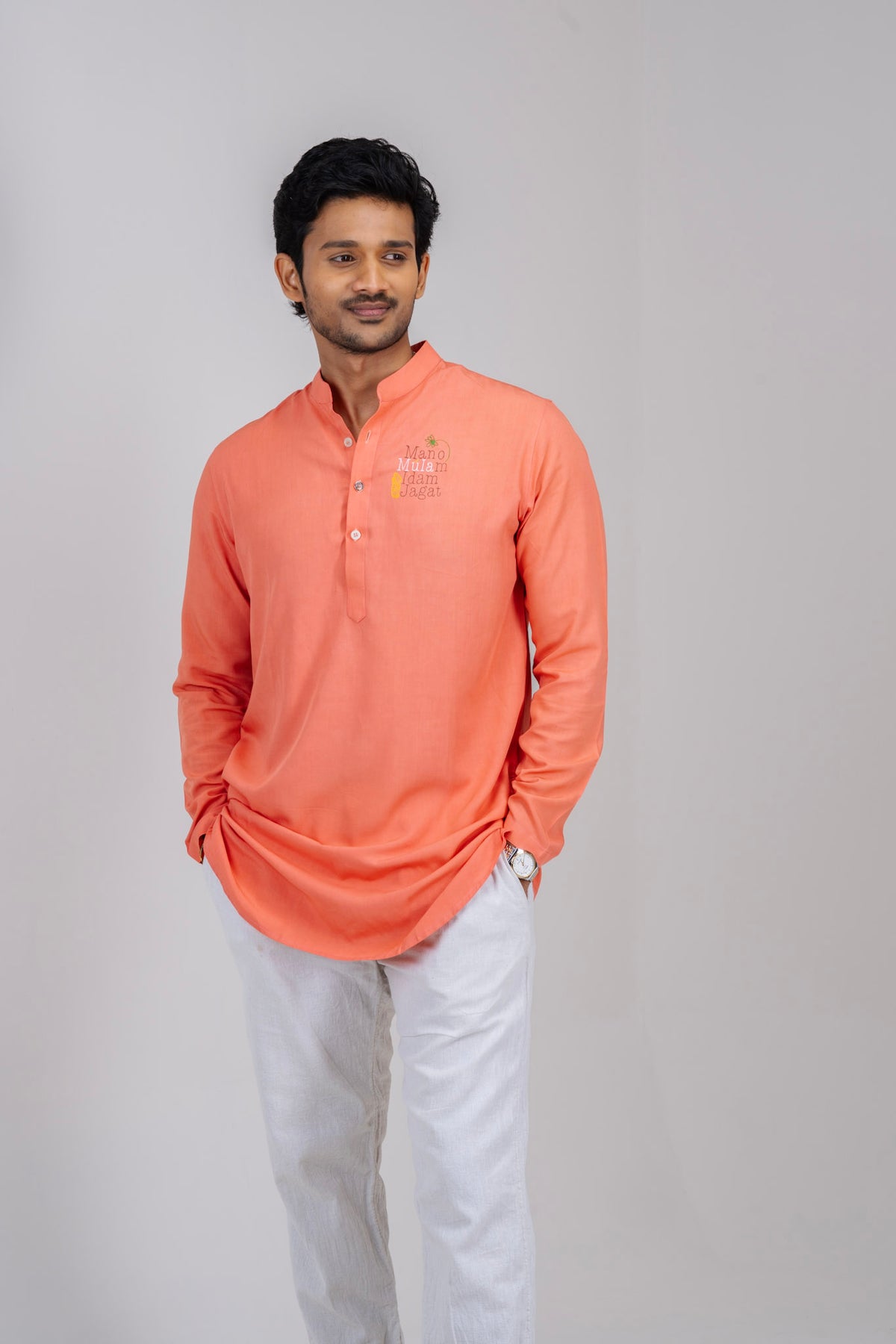 Mula Brahmand Men’s Premium Short Kurta - Coral Red