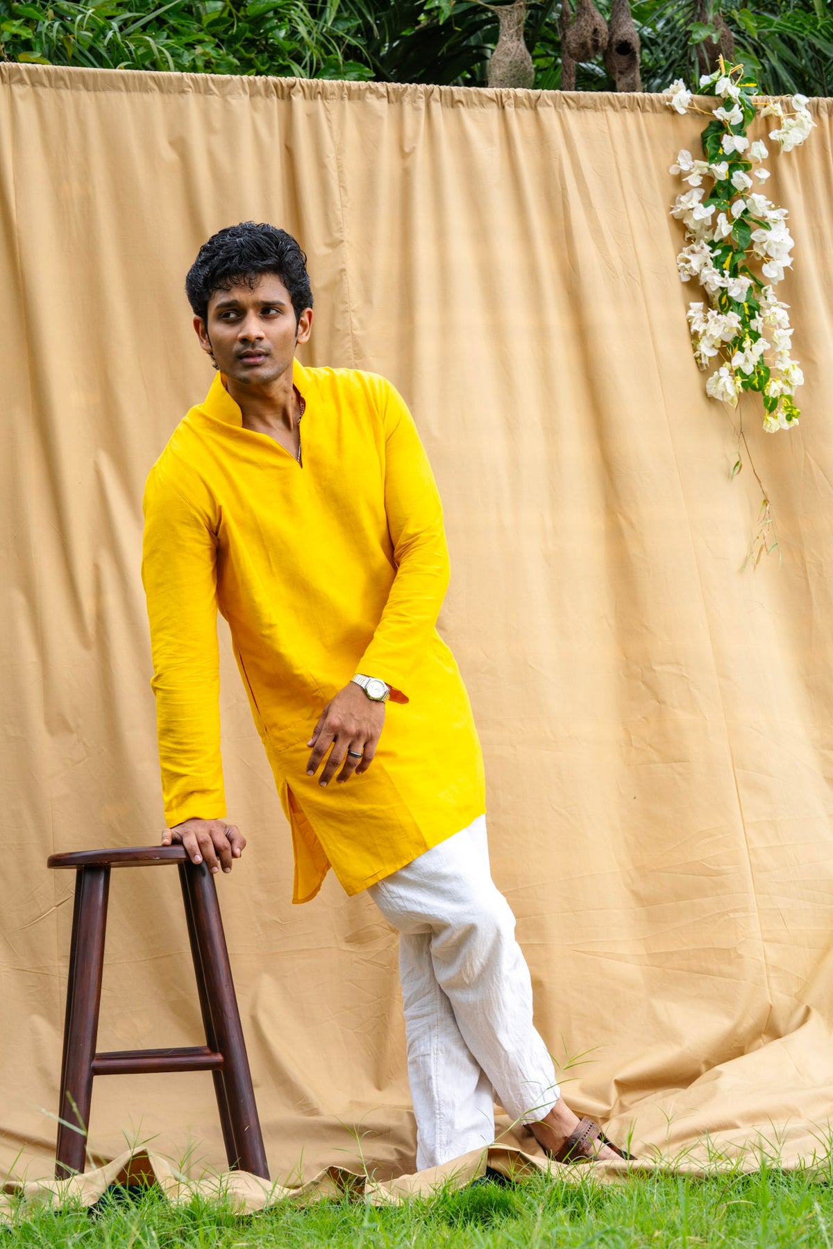 Mula Tejas Men’s Premium Short Kurta - Yellow Ochre